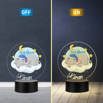 Personalized Sweet Dreams Elephant LED Night Light with Warm White Nursery Decor with Moon and Stars Theme Bedside Kids Room Desk Table Lamp